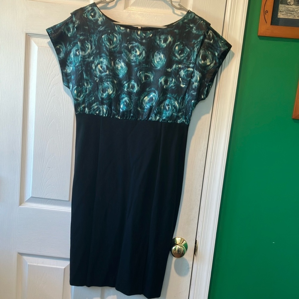 Ann Taylor teal blue peacock black dress silk and knit fancy size 8 high waisted